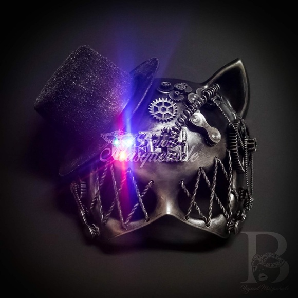 Steampunk Cat Masquerade Mask Halloween LED Lights - Picture 2 of 3